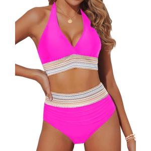 imageYonique Women Tummy Control Bikini Two Piece High Waisted Swimsuit Push Up Bathing Suit Halter Bikini TopHot Pink