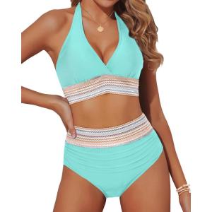 imageYonique Women Tummy Control Bikini Two Piece High Waisted Swimsuit Push Up Bathing Suit Halter Bikini TopLight Blue