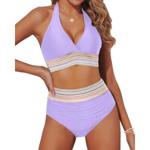 imageYonique Women Tummy Control Bikini Two Piece High Waisted Swimsuit Push Up Bathing Suit Halter Bikini TopLight Purple