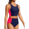 imageYonique Women Bikini Top Only Crop Swim Top Longline Swimsuit Tops High Neck Bathing Suit TopRed and Blue