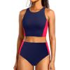 imageYonique Women Bikini Top Only Crop Swim Top Longline Swimsuit Tops High Neck Bathing Suit TopRed and Blue