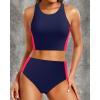 imageYonique Women Bikini Top Only Crop Swim Top Longline Swimsuit Tops High Neck Bathing Suit TopRed and Blue