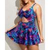 imageYonique Women Plus Size One Piece Swimsuits with Skirt V Neck Floral Printed Swimdress Cutout Bathing SuitsBlue Purple Leaf