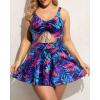 imageYonique Women Plus Size One Piece Swimsuits with Skirt V Neck Floral Printed Swimdress Cutout Bathing SuitsBlue Purple Leaf