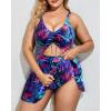 imageYonique Women Plus Size One Piece Swimsuits with Skirt V Neck Floral Printed Swimdress Cutout Bathing SuitsBlue Purple Leaf