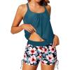 imageYonique Womens Blouson Tankini Swimsuits Two Piece Strappy Bathing Suit Tops with Shorts Criss Cross SwimwearTeal Flower