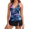 imageYonique 2 Piece Swimsuits for Women Halter Tankini Top with Skirt Bottom V Neck Bathing SuitBlue Floral