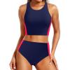 imageYonique Women Bikini Top Only Crop Swim Top Longline Swimsuit Tops High Neck Bathing Suit TopRed and Blue