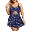 imageYonique Women Plus Size One Piece Swimsuits with Skirt V Neck Floral Printed Swimdress Cutout Bathing SuitsBlue Polka Dot