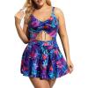 imageYonique Women Plus Size One Piece Swimsuits with Skirt V Neck Floral Printed Swimdress Cutout Bathing SuitsBlue Purple Leaf