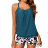 imageYonique Womens Blouson Tankini Swimsuits Two Piece Strappy Bathing Suit Tops with Shorts Criss Cross SwimwearTeal Flower