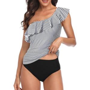 imageYonique Womens Two Piece Swimsuits One Shoulder Tankini Tummy Control Bathing Suits Ruffle SwimwearWhite Stripe