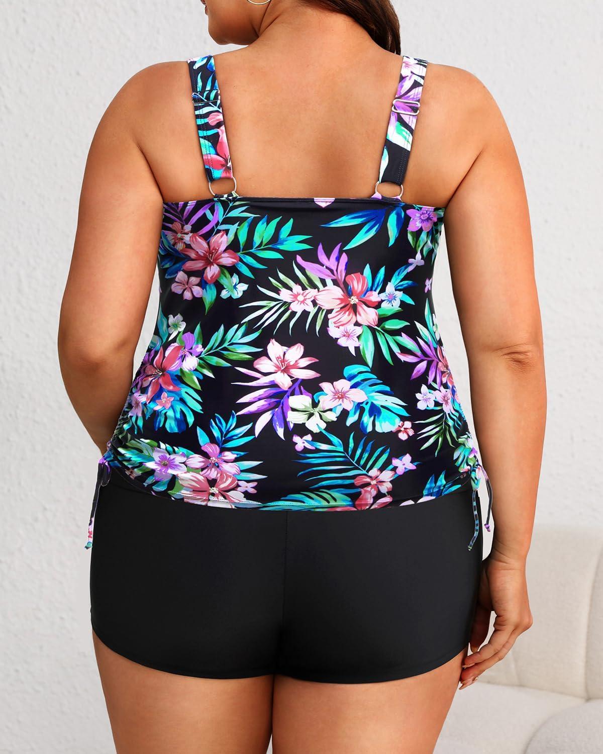 imageWomens Plus Size Tankini Swimsuit  Two Piece Bathing Suit with Shorts 2025 VWired Tummy Control SwimwearColorful Floral