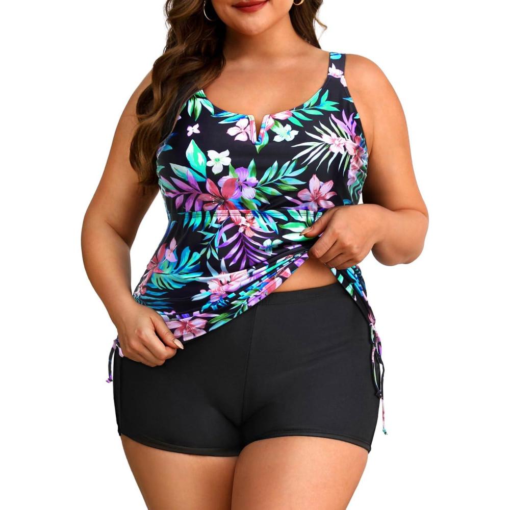 imageWomens Plus Size Tankini Swimsuit  Two Piece Bathing Suit with Shorts 2025 VWired Tummy Control SwimwearColorful Floral