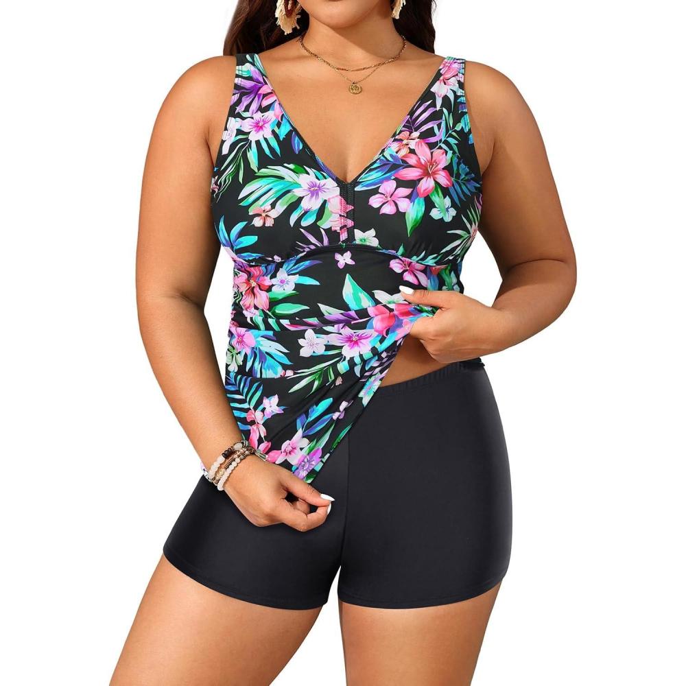 imageYonique Womens Plus Size Swimsuits with Shorts Tummy Control Tankini Two Piece Bathing Suits Athletic SwimwearColorful Floral1