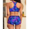 imageYonique 3 Piece Athletic Tankini Swimsuits for Women with Shorts Swim Tank Tops with Sports Bra and Boyshorts Bathing SuitsBlue Purple Leaves