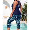 imageYonique 3 Piece Plus Size Swimsuits for Women Tankini Tops with Sports Bra and Swim Capris Athletic Bathing SuitsNavy Blue Leaf Print