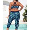 imageYonique 3 Piece Plus Size Swimsuits for Women Tankini Tops with Sports Bra and Swim Capris Athletic Bathing SuitsNavy Blue Leaf Print