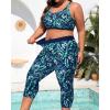 imageYonique 3 Piece Plus Size Swimsuits for Women Tankini Tops with Sports Bra and Swim Capris Athletic Bathing SuitsNavy Blue Leaf Print