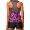 imageYonique Tankini Swimsuits for Women with Shorts Athletic Two Piece Bathing Suits Racerback Tank Tops SwimwearPurple Pink Leaves