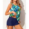 imageYonique Tankini Swimsuits with Shorts  Tummy Control Two Piece Blouson Bathing Suits High Neck SwimwearBlue Leaves