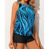 imageYonique Tankini Swimsuits with Shorts  Tummy Control Two Piece Blouson Bathing Suits High Neck SwimwearBlue Wavy Pattern