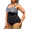 imageYonique Women Plus Size 2 Piece Tankini Swimsuits Ruched Bathing Suits Peplum Swimwear Scalloped SwimsuitsBlack White Stripes
