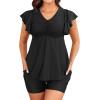 imageYonique Women Tankini with Shorts and Pocket Two Piece Swimsuits Ruffle Sleeve Bathing Suit Flowy SwimwearBlack