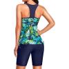 imageYonique Women Two Piece Tankini Swimsuits with Shorts Athletic Bathing Suit with Swim Shorts Racerback SwimwearBlue Leaves