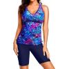 imageYonique Women Two Piece Tankini Swimsuits with Shorts Athletic Bathing Suit with Swim Shorts Racerback SwimwearBlue Purple Leaves