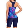 imageYonique Women Two Piece Tankini Swimsuits with Shorts Athletic Bathing Suit with Swim Shorts Racerback SwimwearBlue Purple Leaves