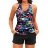 imageWomen Tankini Swimsuit with Shorts  Halter Two Piece Swimsuit with Pocket Tummy Control Bathing Suit 2025 SwimwearBlack Flowers