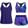 imageYonique 3 Piece Athletic Tankini Swimsuits for Women with Shorts Swim Tank Tops with Sports Bra and Boyshorts Bathing SuitsBlue Purple Leaves