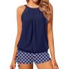 imageYonique Tankini Swimsuits with Shorts  Tummy Control Two Piece Blouson Bathing Suits High Neck SwimwearBlue Geometry