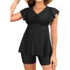 imageYonique Women Tankini with Shorts and Pocket Two Piece Swimsuits Ruffle Sleeve Bathing Suit Flowy SwimwearBlack
