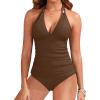 imageYonique Womens Two Piece Swimsuits Tummy Control Tankini Plus Size Bathing Suit Halter V Neck SwimwearBrown