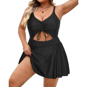 imagePlus Size Swim Dress  One Piece Swimsuit Tummy Control Bathing Suit with Skirt Cutout SwimwearBlack