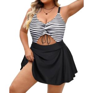 imagePlus Size Swim Dress  One Piece Swimsuit Tummy Control Bathing Suit with Skirt Cutout SwimwearBlack White Stripe