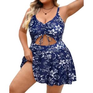 imagePlus Size Swim Dress  One Piece Swimsuit Tummy Control Bathing Suit with Skirt Cutout SwimwearBlue and White Floral