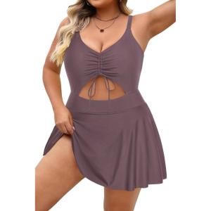imagePlus Size Swim Dress  One Piece Swimsuit Tummy Control Bathing Suit with Skirt Cutout SwimwearBrown