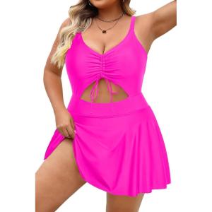 imagePlus Size Swim Dress  One Piece Swimsuit Tummy Control Bathing Suit with Skirt Cutout SwimwearHot Pink