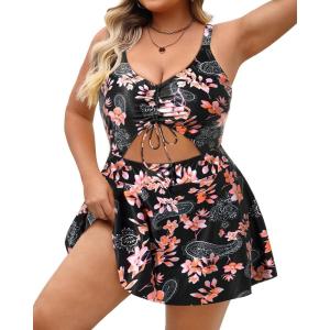 imagePlus Size Swim Dress  One Piece Swimsuit Tummy Control Bathing Suit with Skirt Cutout SwimwearPink Floral