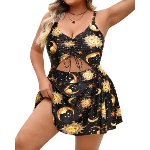 imagePlus Size Swim Dress  One Piece Swimsuit Tummy Control Bathing Suit with Skirt Cutout SwimwearSun Stars and Moon Print