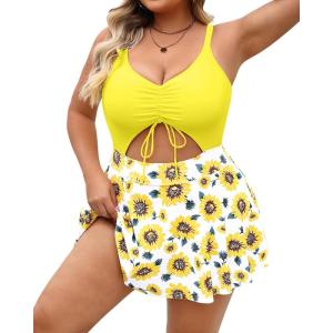 imagePlus Size Swim Dress  One Piece Swimsuit Tummy Control Bathing Suit with Skirt Cutout SwimwearSunflower Yellow
