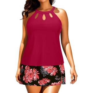 imagePlus Size Tankini with Skirt  Two Piece Swimsuit Tummy Control Bathing Suit High Neck Swimwear 2025Red Floral