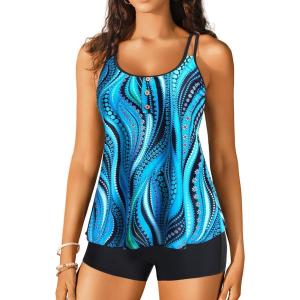 imageWomen Tankini Swimsuit with Shorts  Flowy Two Piece Swimsuits Tummy Control Bathing Suits 2025 SwimwearBlue Wavy Pattern