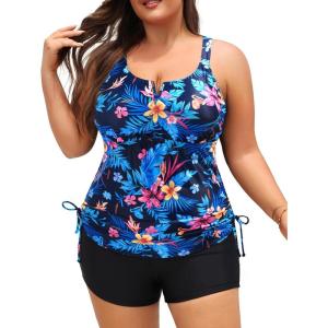 imageWomens Plus Size Tankini Swimsuit  Two Piece Bathing Suit with Shorts 2025 VWired Tummy Control SwimwearBlue Floral