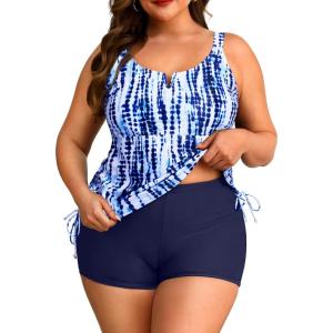 imageWomens Plus Size Tankini Swimsuit  Two Piece Bathing Suit with Shorts 2025 VWired Tummy Control SwimwearBlue Tie Dye
