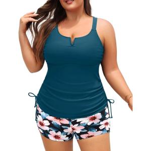 imageWomens Plus Size Tankini Swimsuit  Two Piece Bathing Suit with Shorts 2025 VWired Tummy Control SwimwearTeal Flower