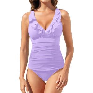 imageWomens Two Piece Swimsuits  Ruffle Flounce Tankini Tummy Control Bathing Suits V Neck SwimwearLavender